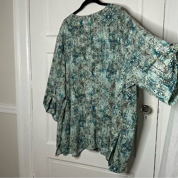 Catherines Button Down Tunic Top Pleated Flowy Teal Blue Batik Boho Peasant 6X - Picture 10 of 14